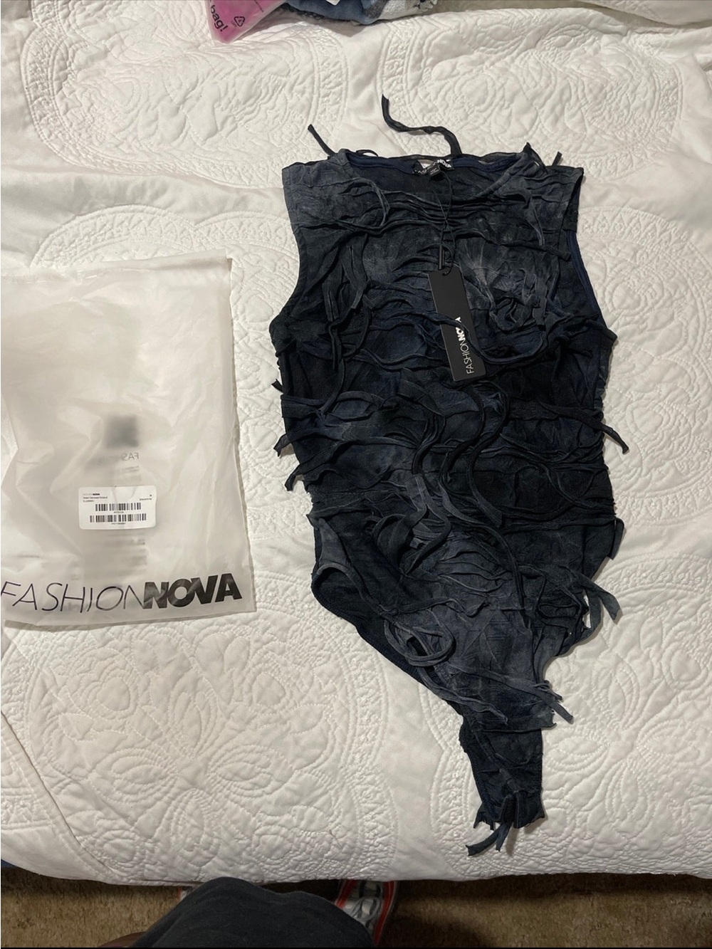 Fashion Nova Black Distressed String-Trim Bodysuit